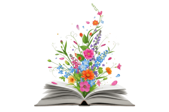 Colorful Flowers Emerging from Open Book: A Design Asset Guide