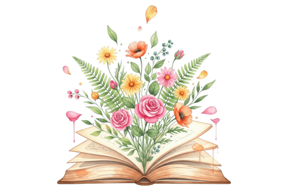 Colorful Flowers & Leaves Emerging from an Open Book: A Design Asset