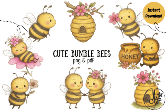 Cute Bumble Bees - Png, Pdf Clipart: Your Spring Design Toolkit