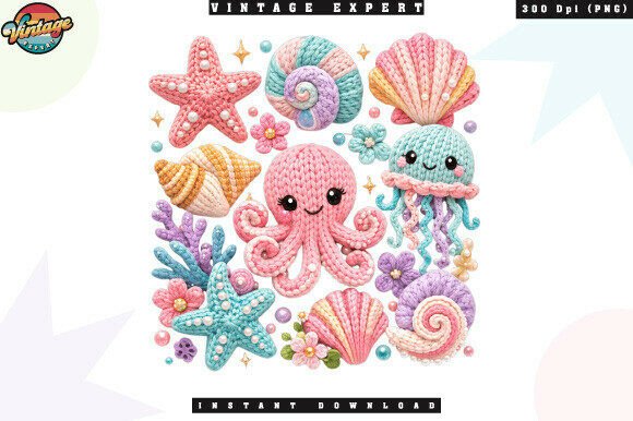 Cute Sea Creatures Crochet Yarn Faux PNG