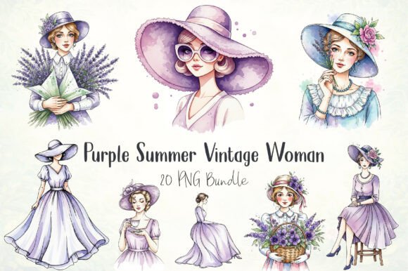 Embrace Nostalgic Charm with Purple Summer Vintage Woman Clipart