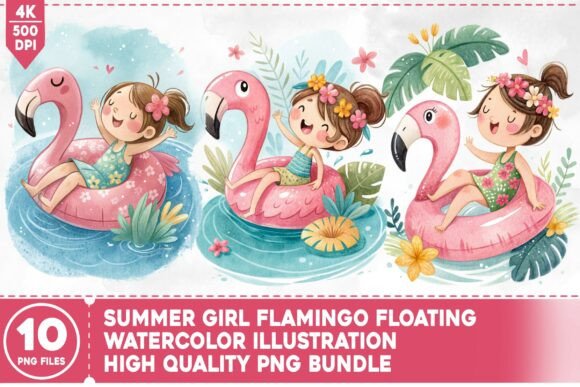Summer Girl Flamingo Floating PNG Bundle: Vibrant Design Assets