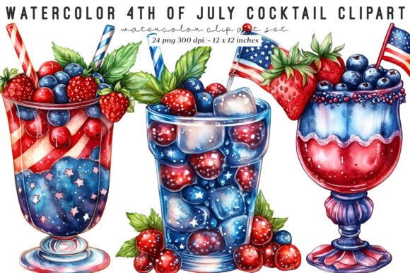 Watercolor 4th of July Cocktail Clipart for Festive Designs