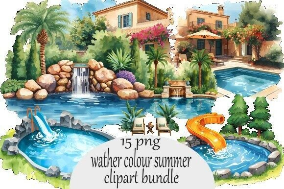Watercolor Pool & Garden Clipart: Elevate Your Summer Designs